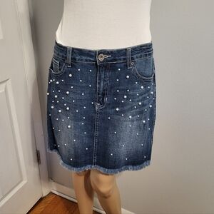 Hydraulic Denim Pearl-Studded Mini Skirt